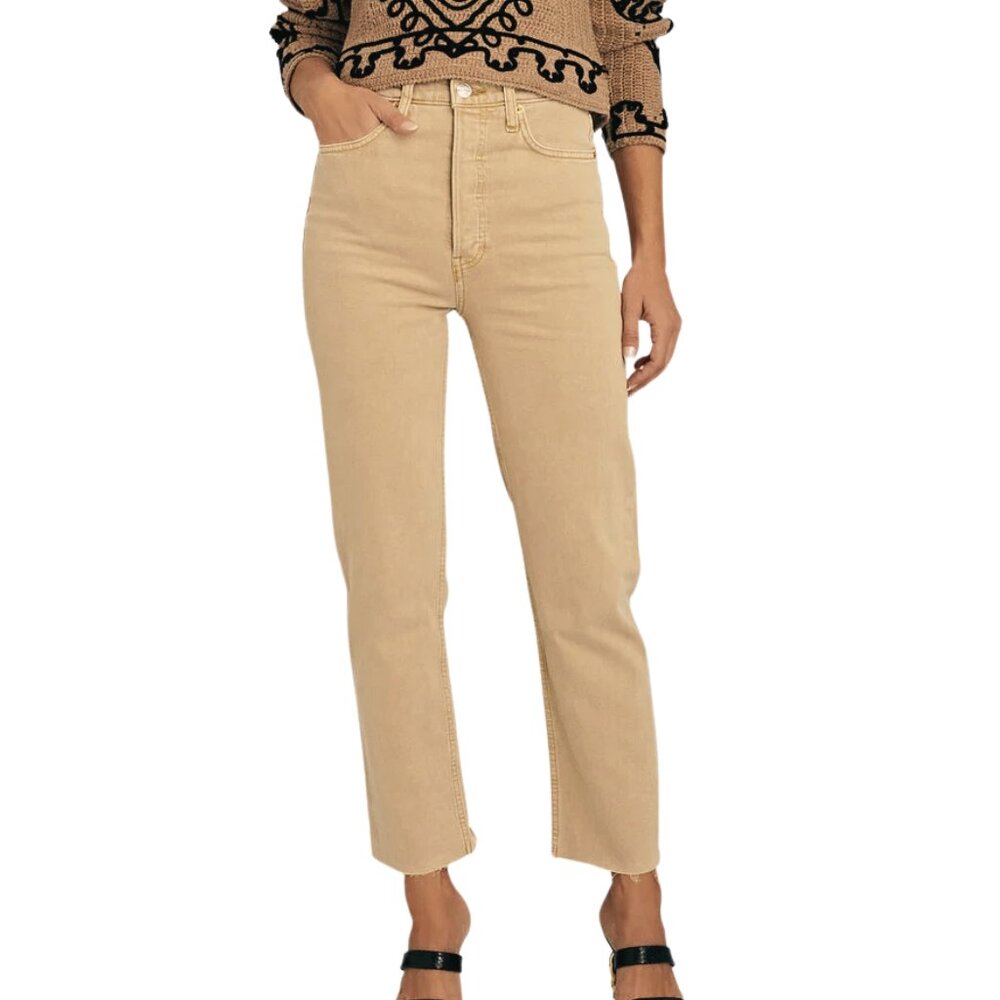 Re/Done High-Rise Straight Jeans in Beige